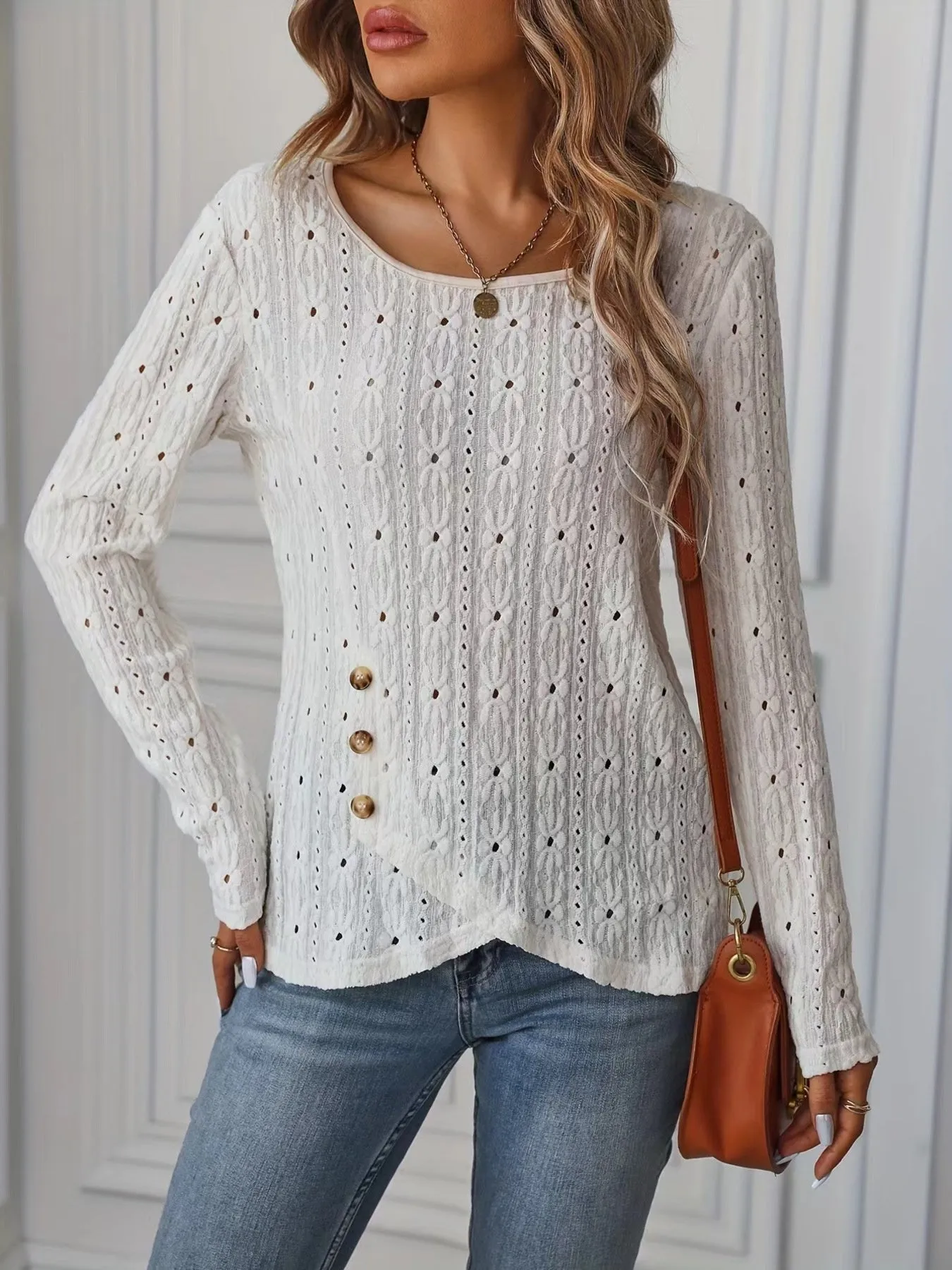 Eyelet Round Neck Blouse sold by Charming Charlie product image thumbnail 4