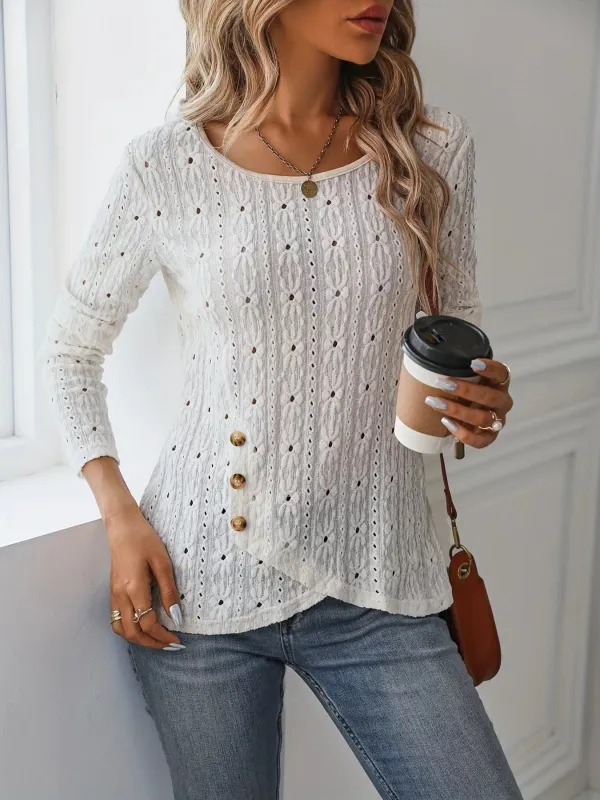 Eyelet Round Neck Blouse made by Trendsi