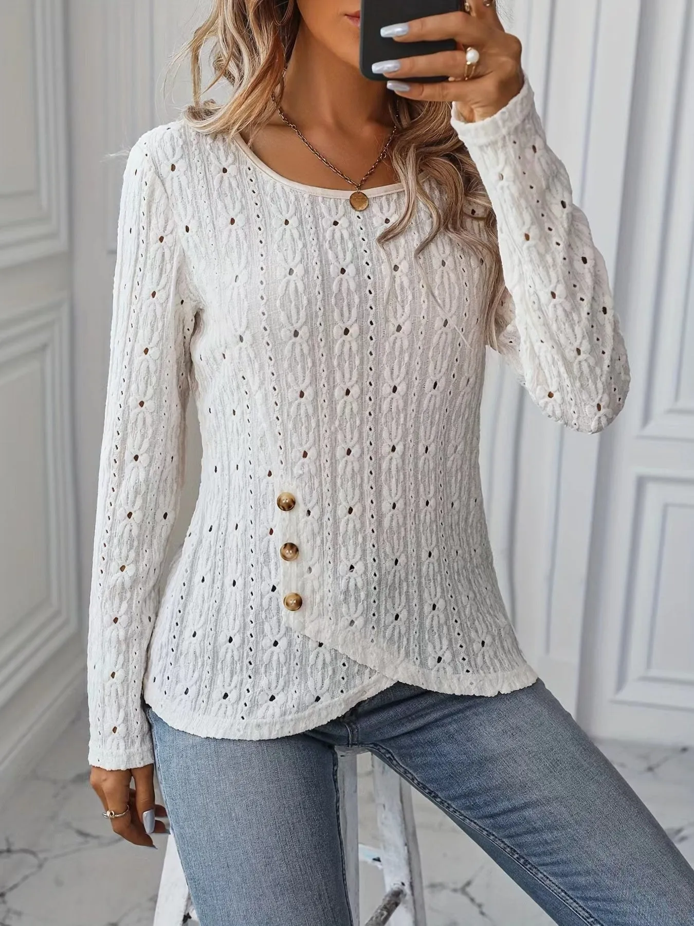 Eyelet Round Neck Blouse sold by Charming Charlie product image thumbnail 3