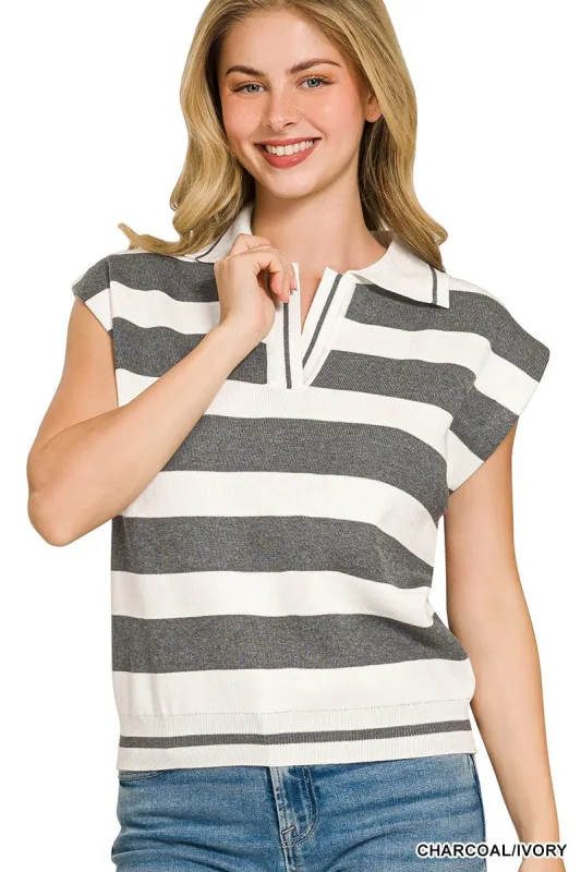 Zenana Viscose Striped Collared Sweater Vest made by Trendsi