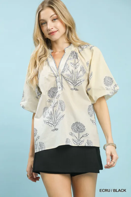 Umgee Floral Print V-Neck Top made by Trendsi