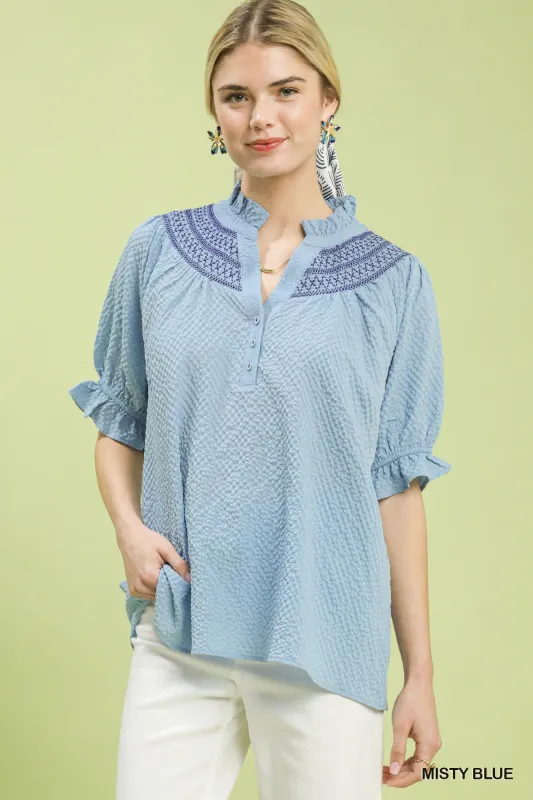 Umgee Textured Henley Blouse with Ruffle Cuffs made by Trendsi