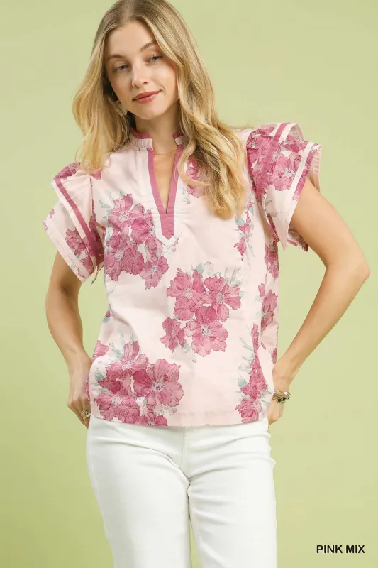 Umgee Mix Floral Ruffle Sleeve Blouse made by Trendsi