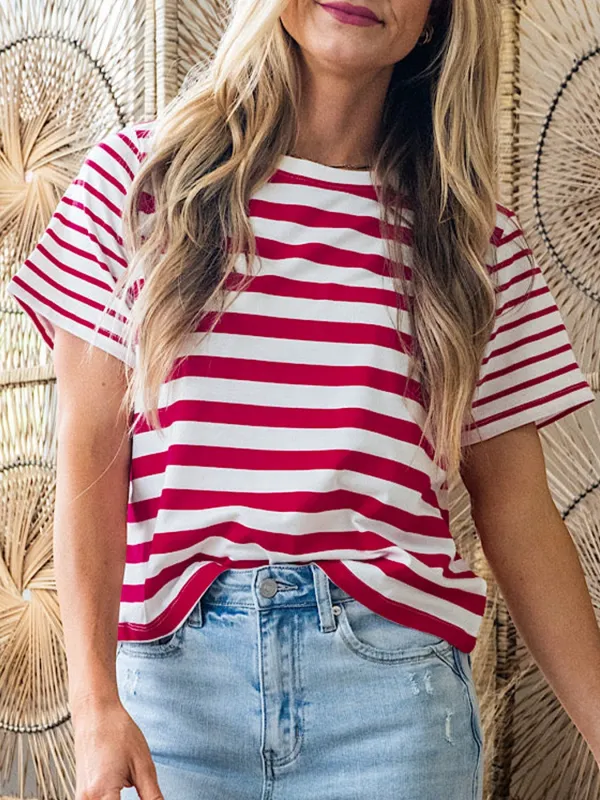 Stripe Patchwork Round Neck T Shirt made by Trendsi