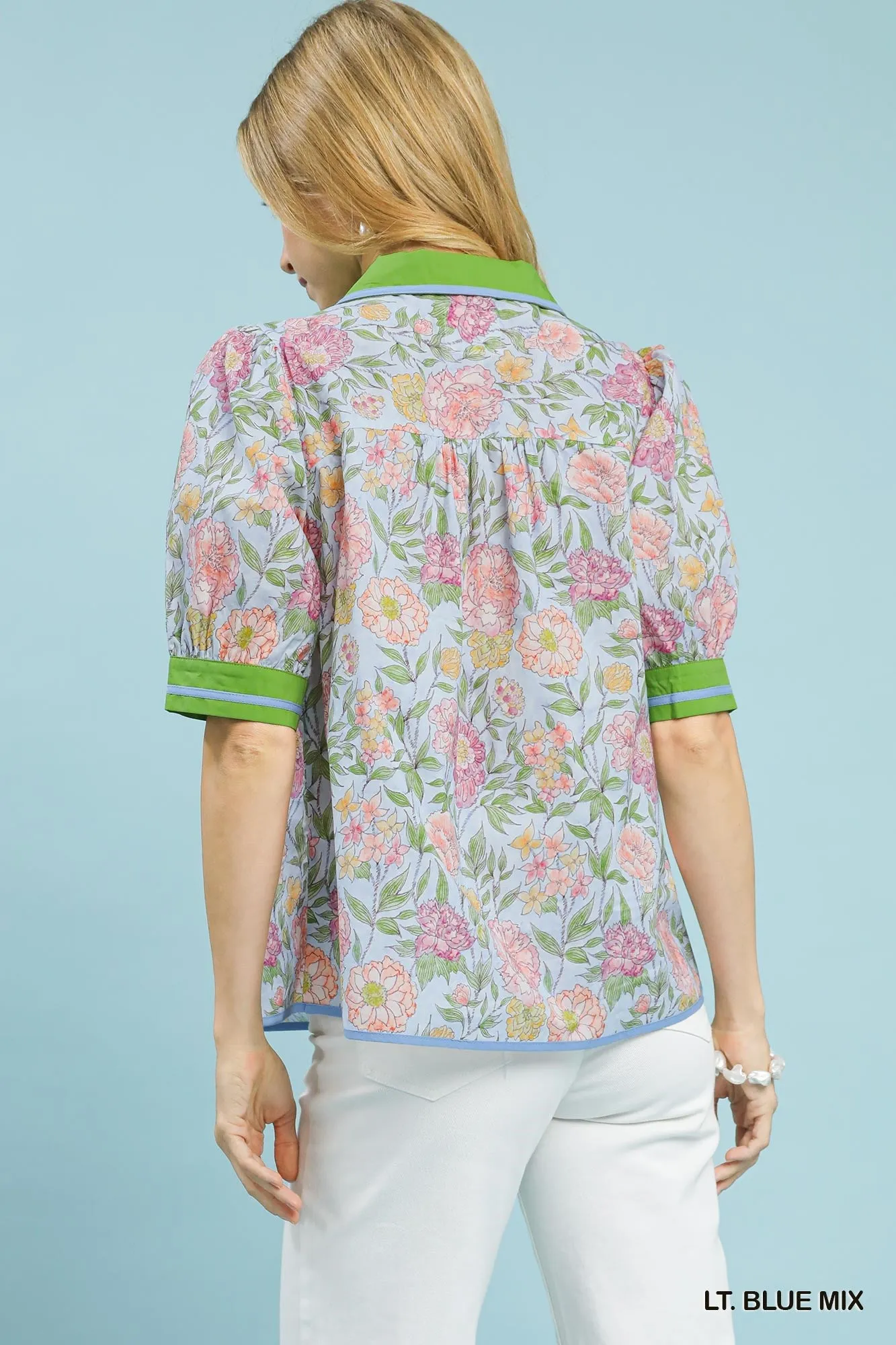 Umgee Mix Floral Puff Sleeve Blouse with Contrast Trim sold by Charming Charlie product image thumbnail 2