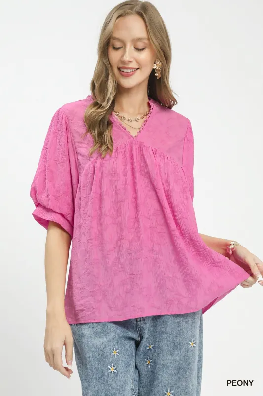 Umgee Textured Lace Trim V-Neck Boho Blouse made by Trendsi