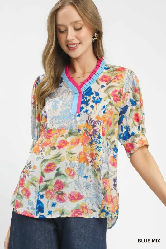 Umgee Floral Contrast Pleat Neck Top made by Trendsi