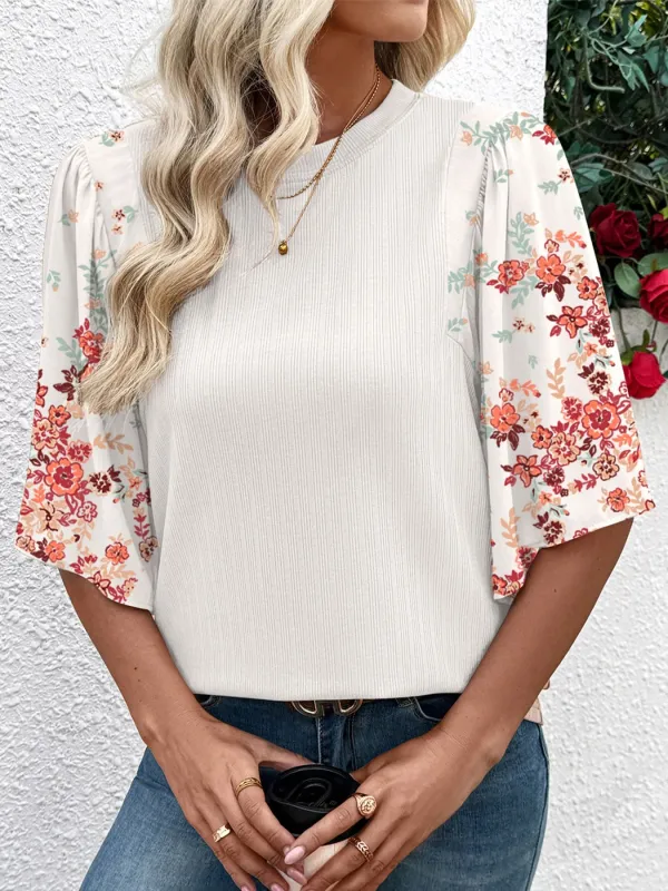 Ribbed Texture Floral Print Half Sleeve Patchwork Top made by Trendsi
