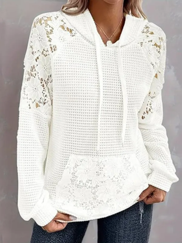 Full Size Lace Trim Waffle Knit Hoodie Plus Size made by Trendsi