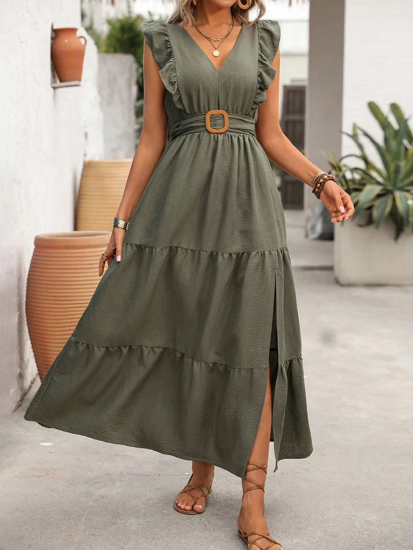 Slit Ruffled V-Neck Tiered Dress sold by Charming Charlie product image thumbnail 2