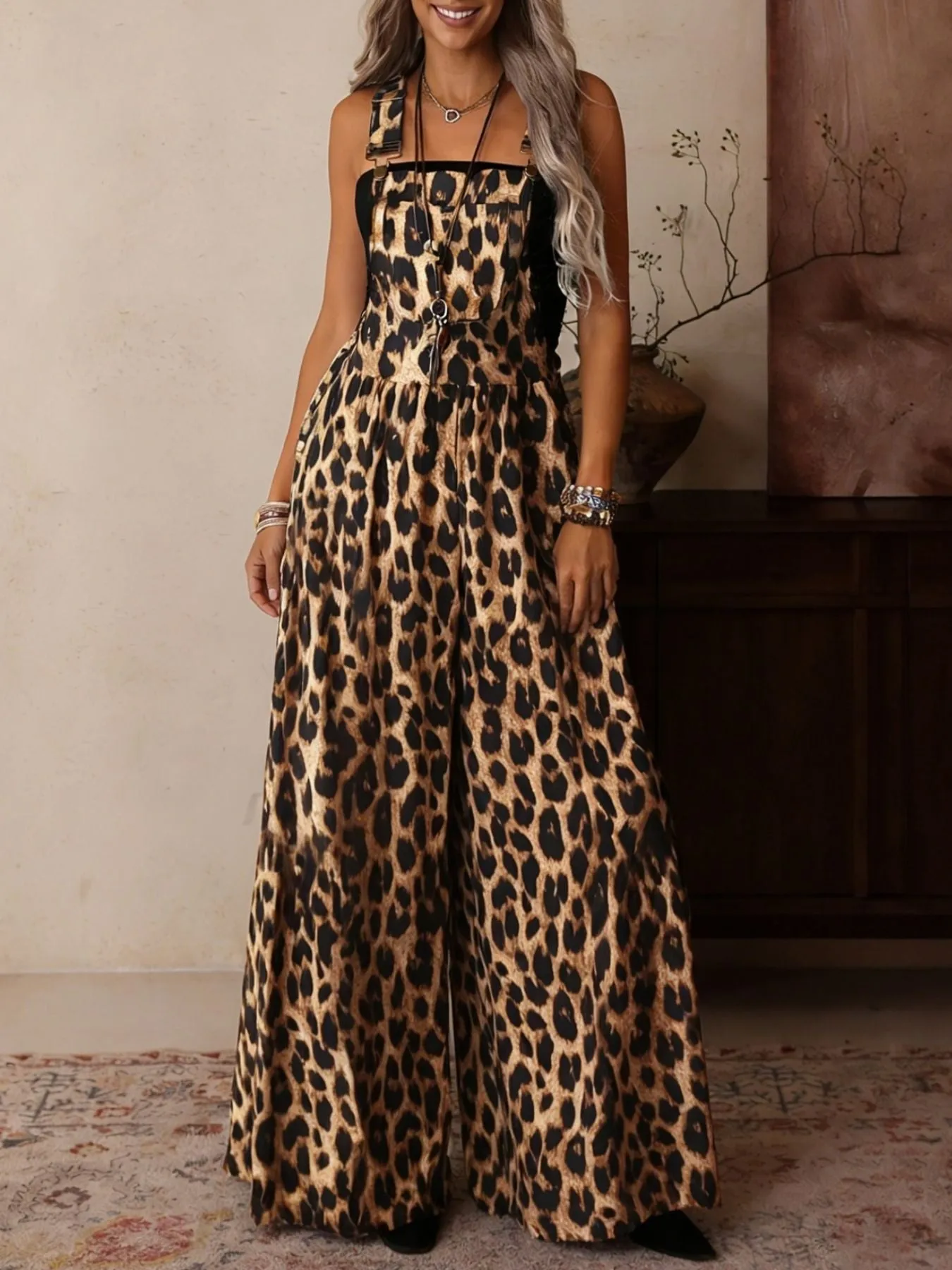Leopard Print Wide Leg Overalls sold by Charming Charlie product image thumbnail 3