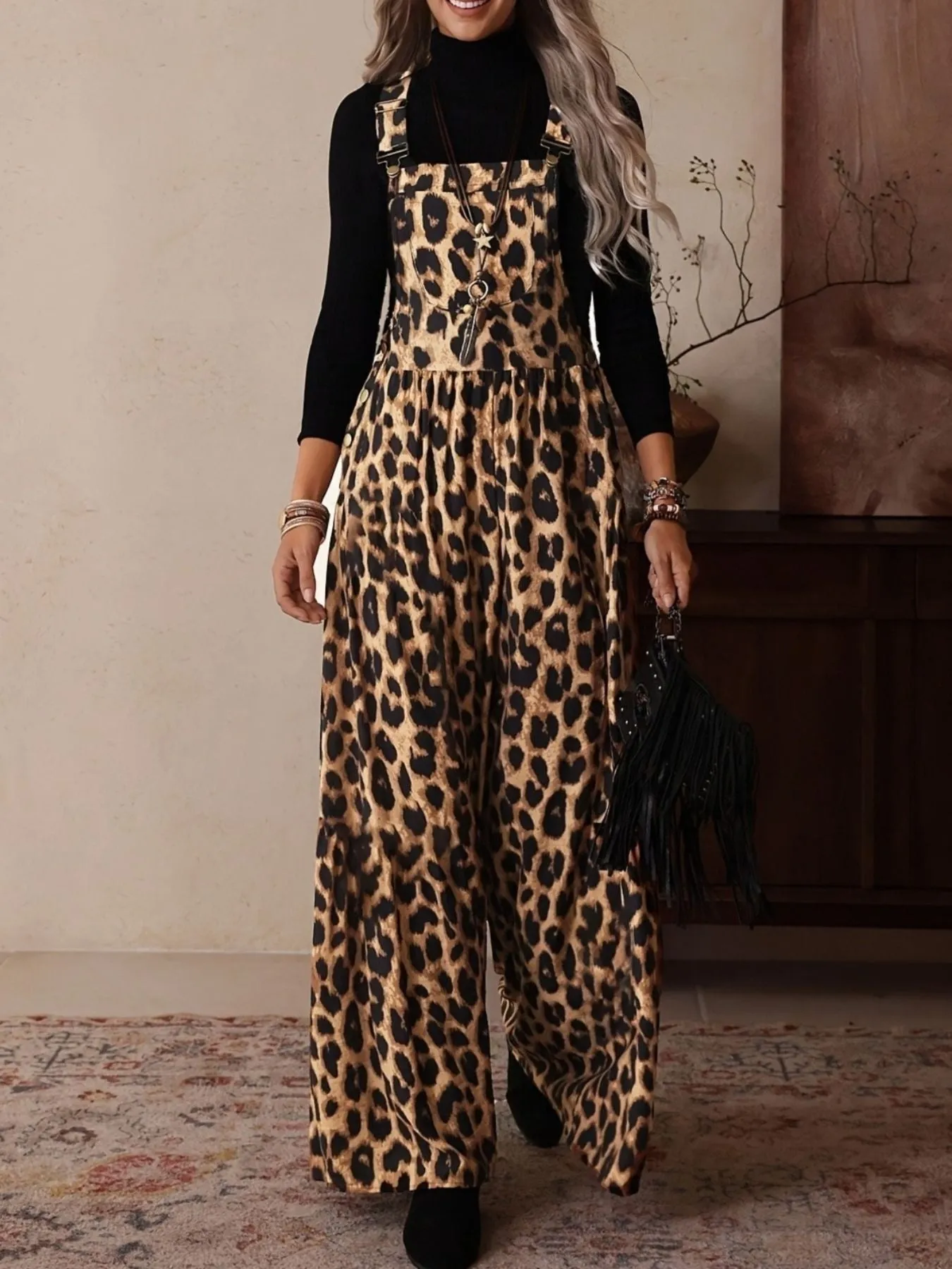 Leopard Print Wide Leg Overalls sold by Charming Charlie product image thumbnail 4