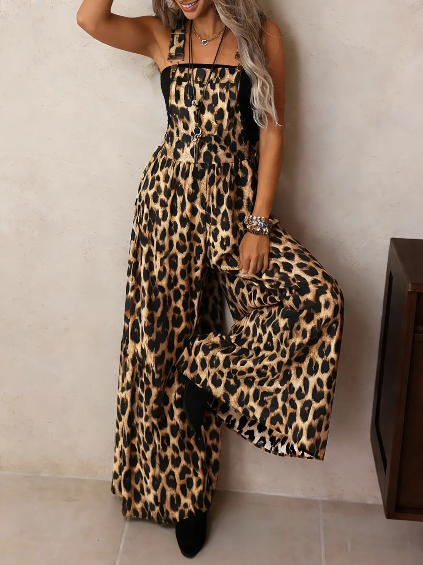 Leopard Print Wide Leg Overalls sold by Charming Charlie
