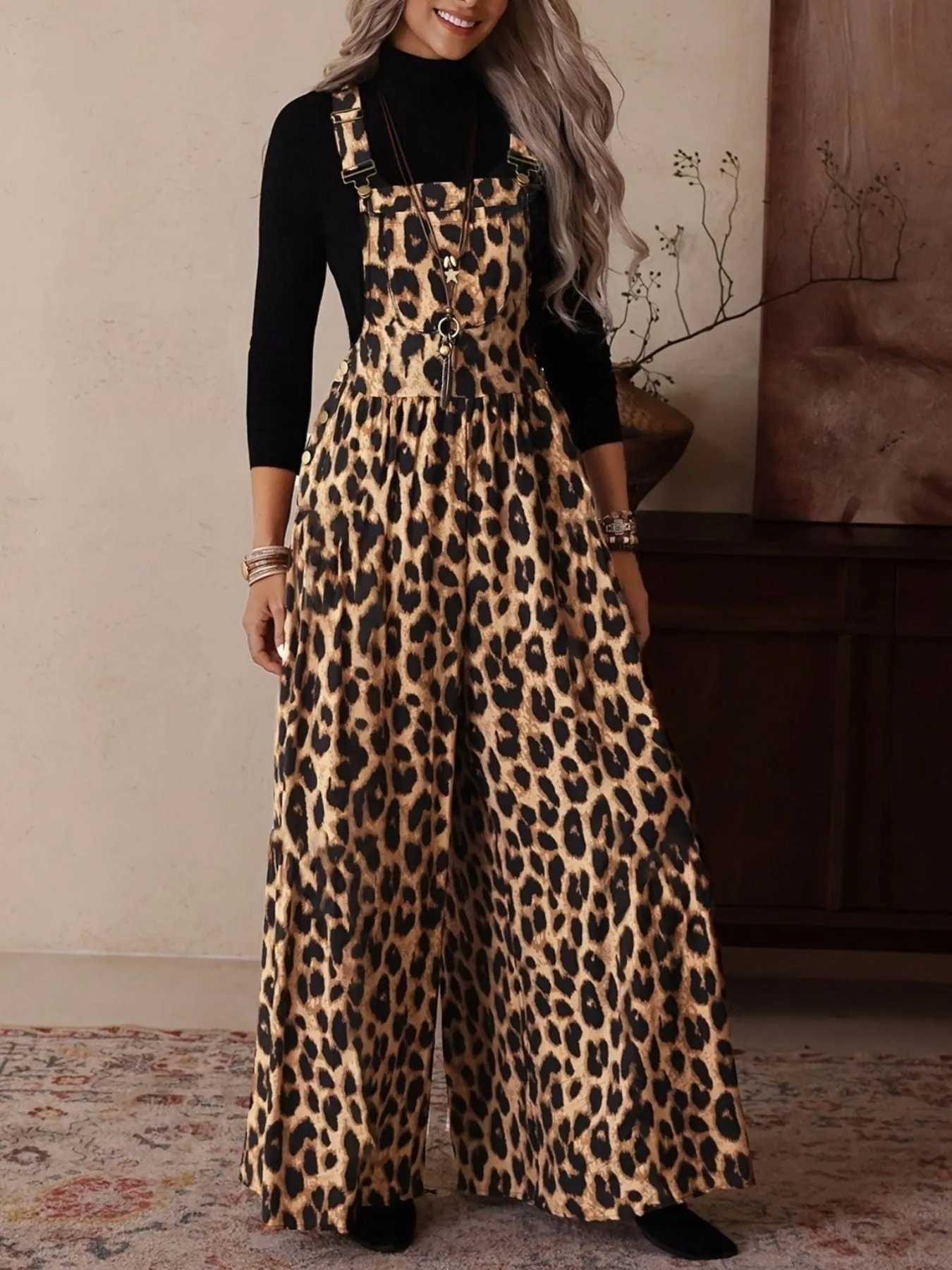 Leopard Print Wide Leg Overalls sold by Charming Charlie product image thumbnail 2