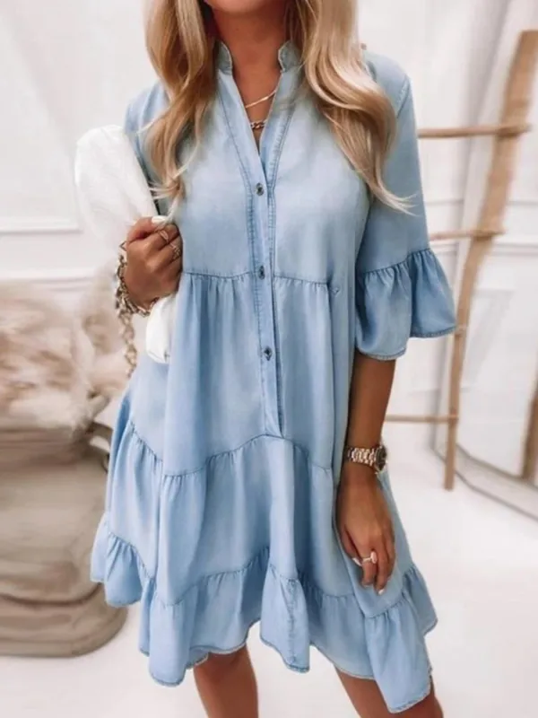 Ruffled Sleeve Button Front Mini Dress made by Trendsi