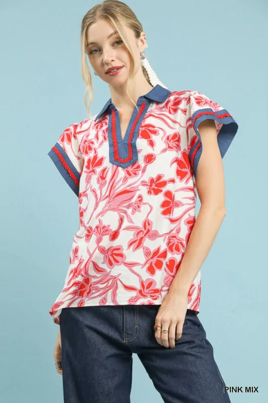 Umgee Floral Split Neck Top made by Trendsi