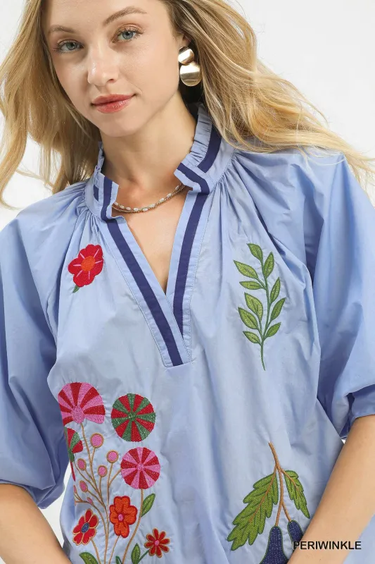 Umgee Embroidered Floral V-Neck Blouse made by Trendsi