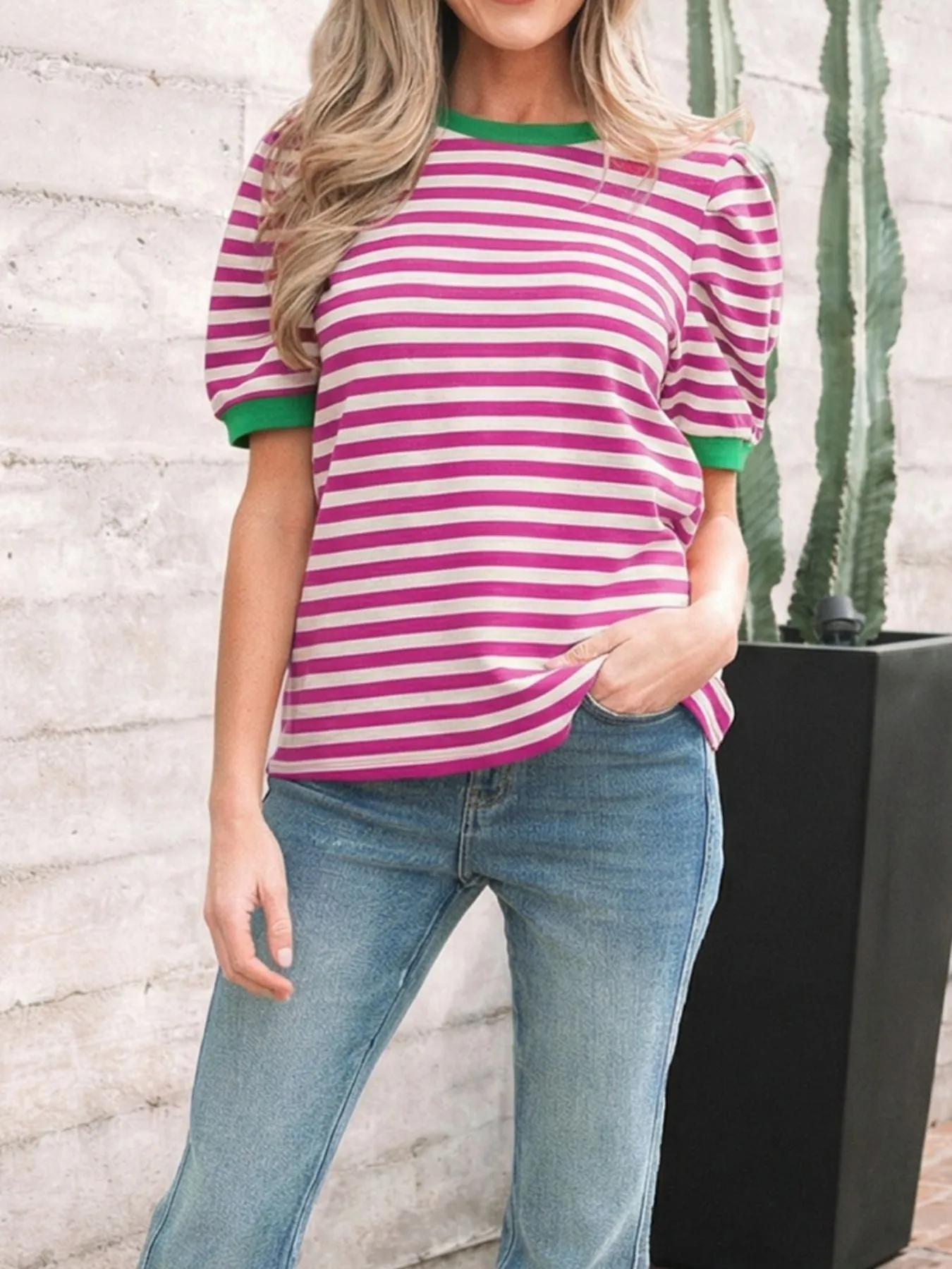 Stripe Short Puff Sleeve Contrast Trim Round Neck Tee sold by Charming Charlie product image thumbnail 4