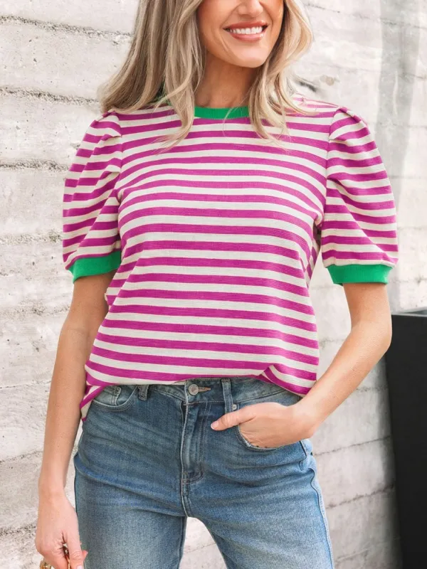 Stripe Short Puff Sleeve Contrast Trim Round Neck Tee made by Trendsi