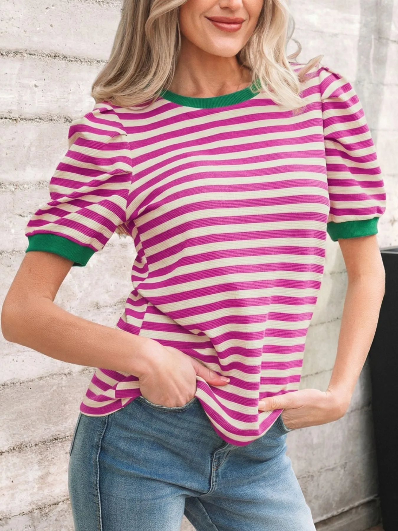 Stripe Short Puff Sleeve Contrast Trim Round Neck Tee sold by Charming Charlie product image thumbnail 3