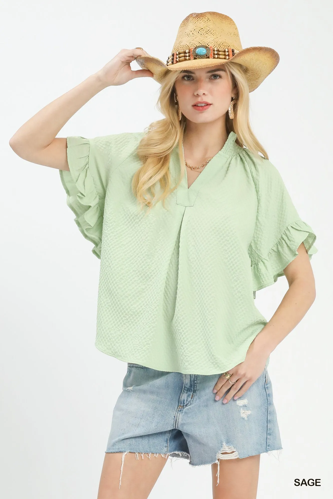 Umgee Textured Ruffle Sleeve Blouse sold by Charming Charlie