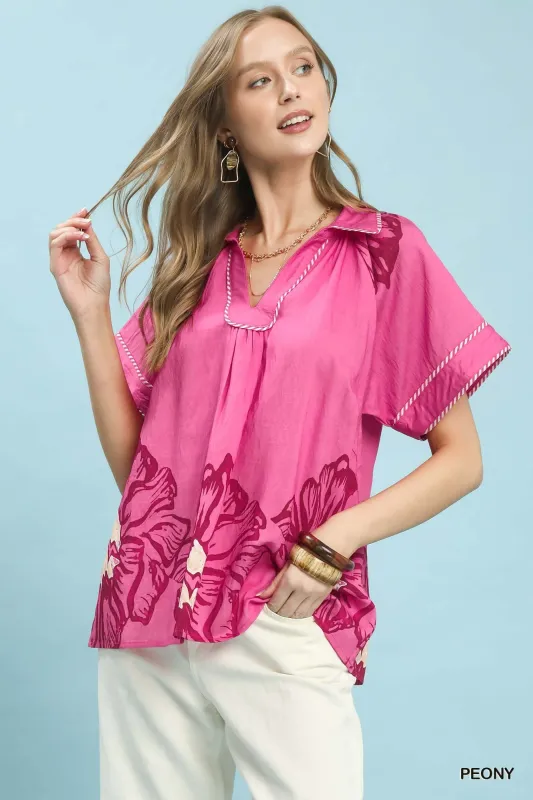 Umgee Floral Split-Neck Short Sleeve Top made by Trendsi