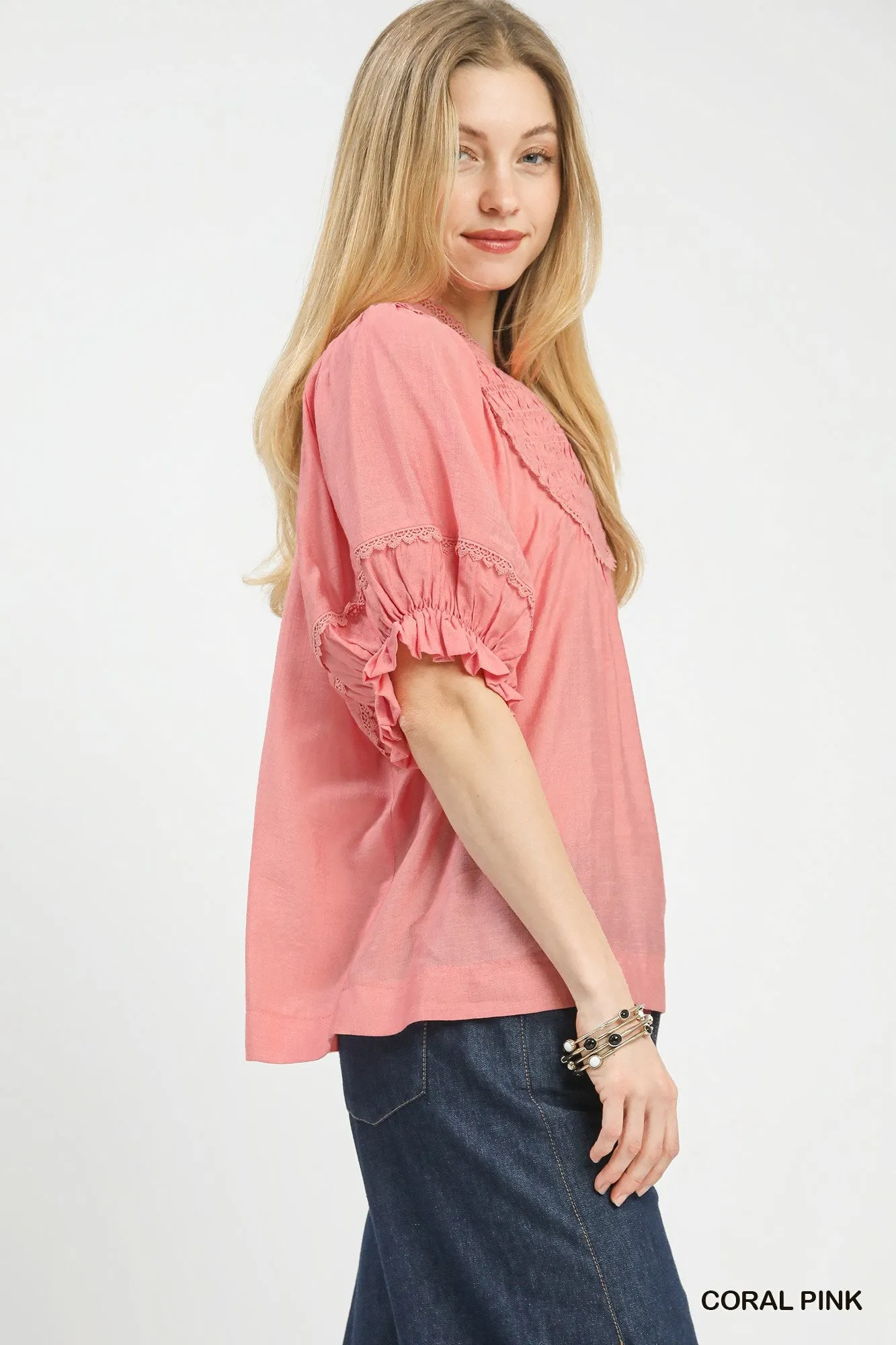 Umgee Smocked Yoke Blouse with Ruffle Sleeves sold by Charming Charlie product image thumbnail 2