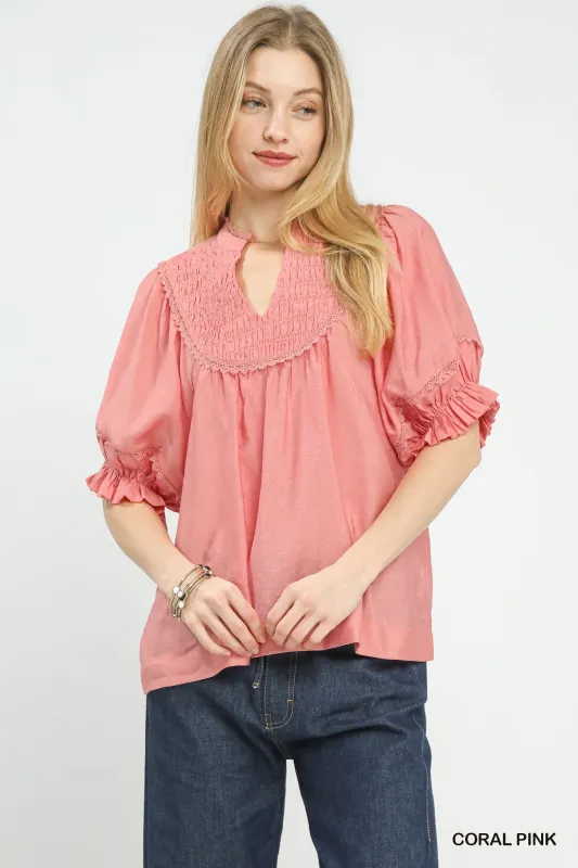 Umgee Smocked Yoke Blouse with Ruffle Sleeves made by Trendsi