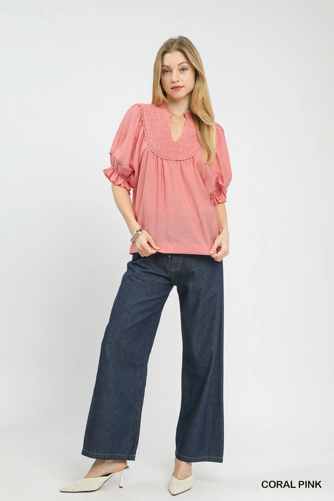 Umgee Smocked Yoke Blouse with Ruffle Sleeves sold by Charming Charlie product image thumbnail 5