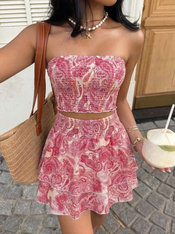 Paisley Print Tube Top and Ruffle Mini Skirt Set made by Trendsi