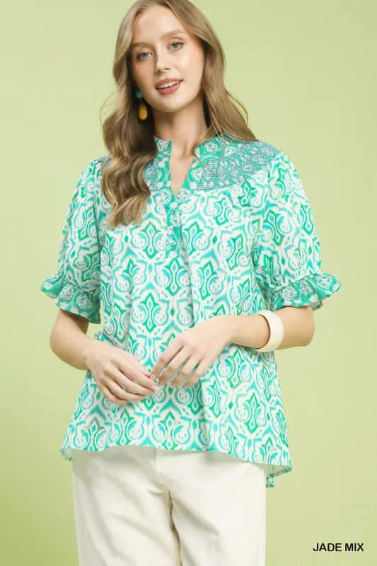 Umgee Mix Boho Puff Sleeve Smocked Top made by Trendsi