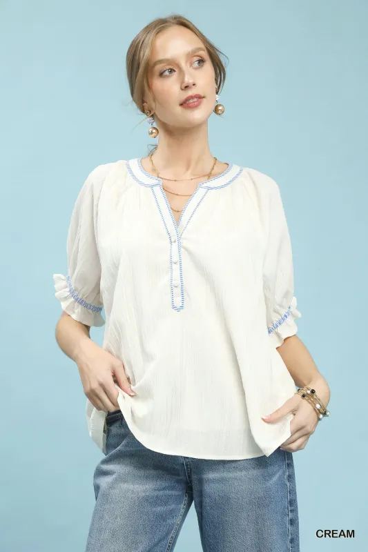 Umgee Textured Split Neck Puff Sleeve Top made by Trendsi