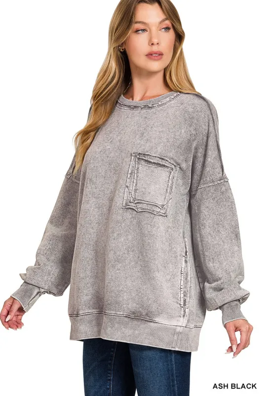 Zenana Halo Washed French Terry Exposed-seam Sweatshirt made by Trendsi