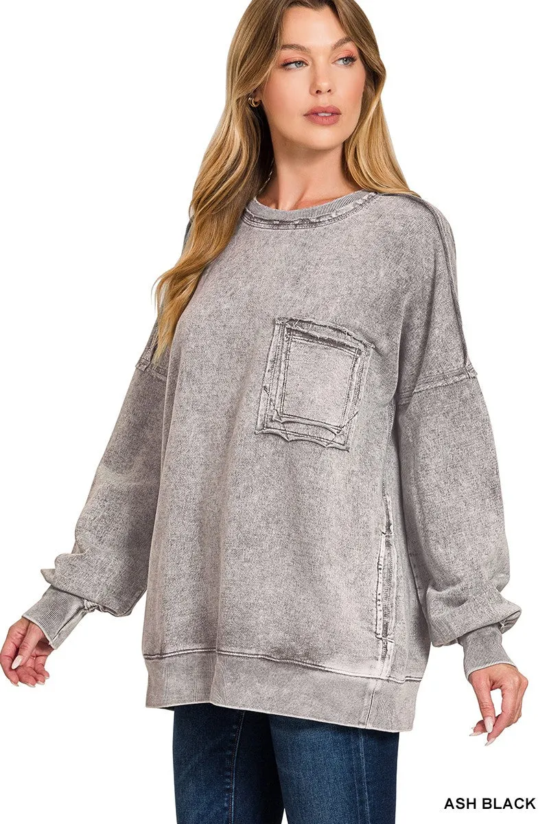 Zenana Halo Washed French Terry Exposed-seam Sweatshirt sold by Charming Charlie