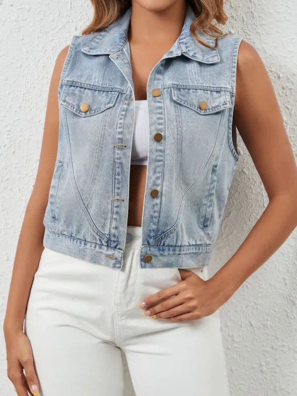 Sleeveless Button Up Denim Jacket made by Trendsi