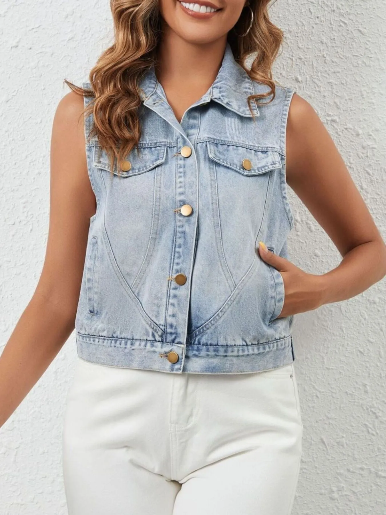Sleeveless Button Up Denim Jacket sold by Charming Charlie product image thumbnail 2