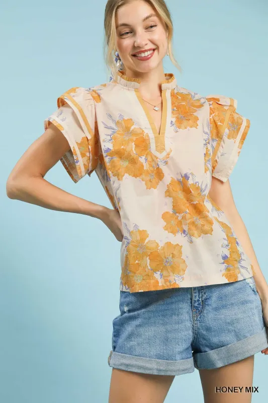 Umgee Mix Floral Ruffle Sleeve Blouse made by Trendsi