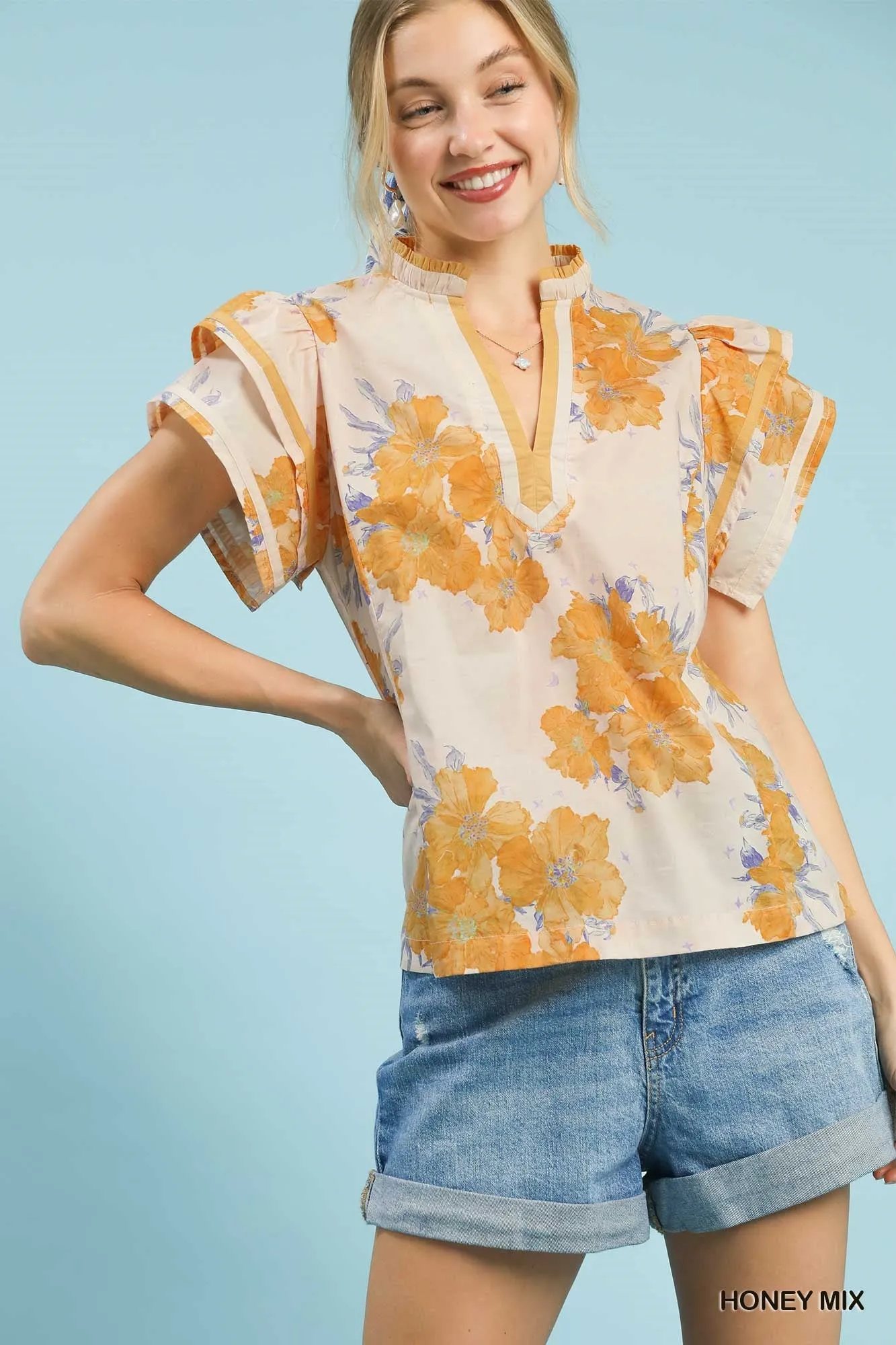 Umgee Mix Floral Ruffle Sleeve Blouse sold by Charming Charlie