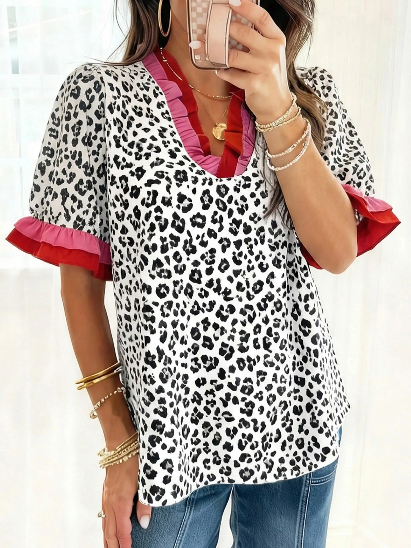 Leopard Print Frill Short Sleeve Blouse sold by Charming Charlie product image thumbnail 4