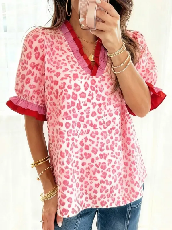 Leopard Print Frill Short Sleeve Blouse made by Trendsi