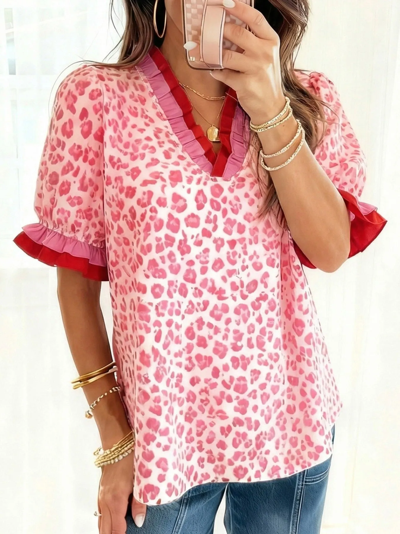 Leopard Print Frill Short Sleeve Blouse sold by Charming Charlie