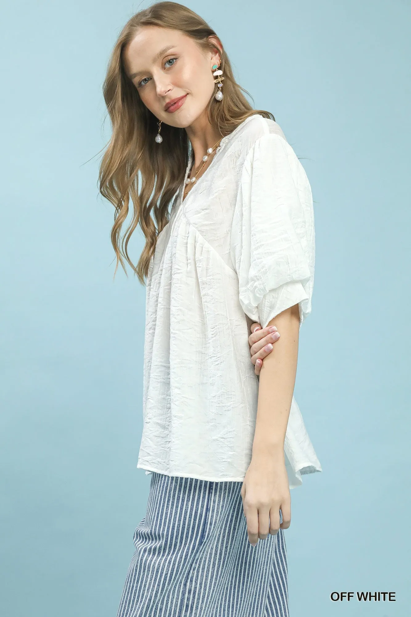 Umgee Textured Lace Trim V-Neck Boho Blouse sold by Charming Charlie product image thumbnail 2