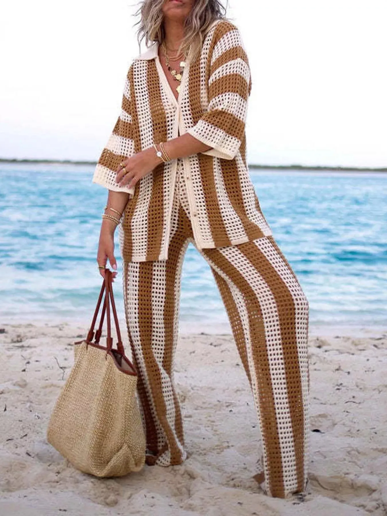 Striped Crochet Knit Shirt and Pants Set sold by Charming Charlie product image thumbnail 4