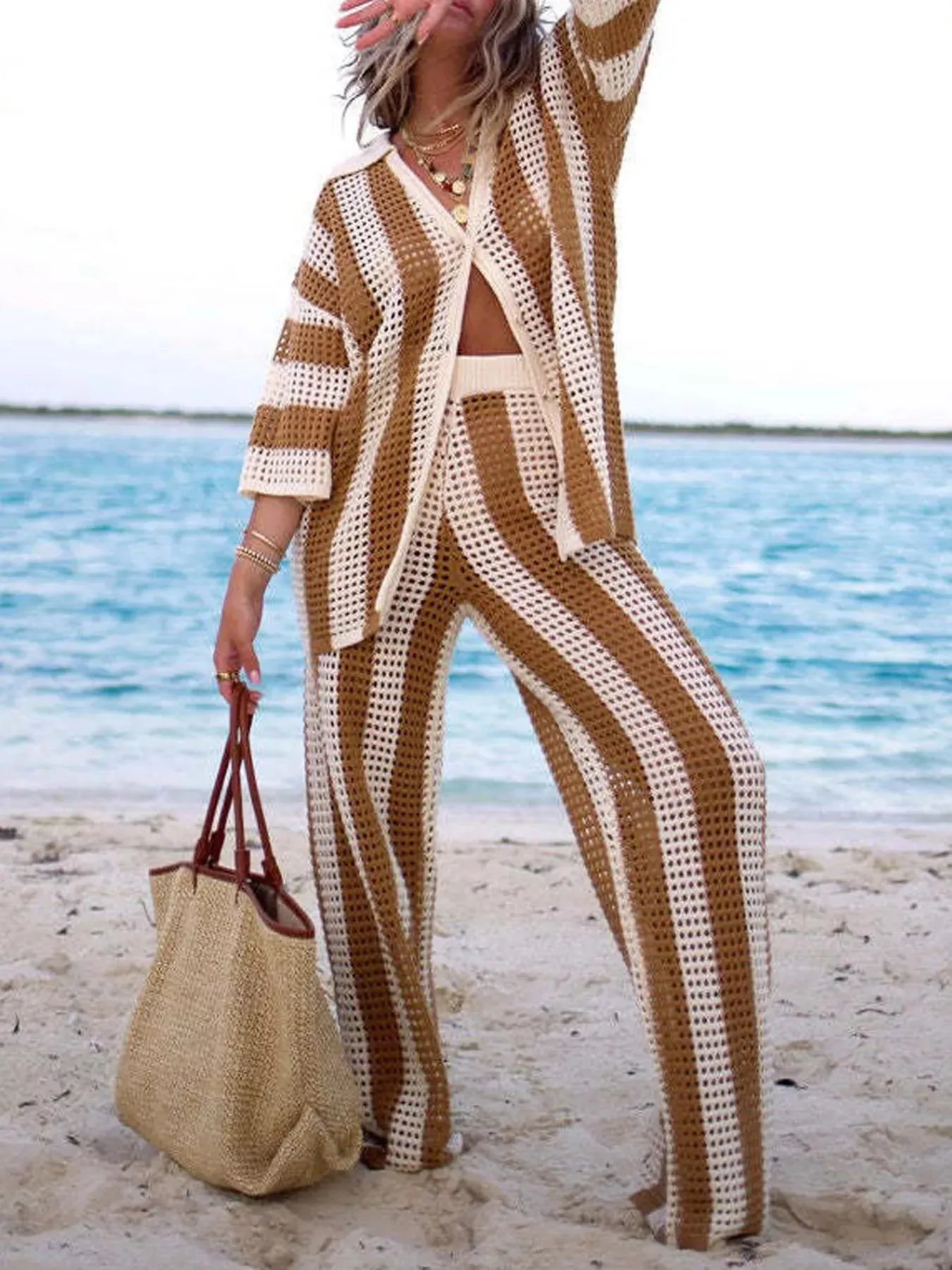 Striped Crochet Knit Shirt and Pants Set sold by Charming Charlie