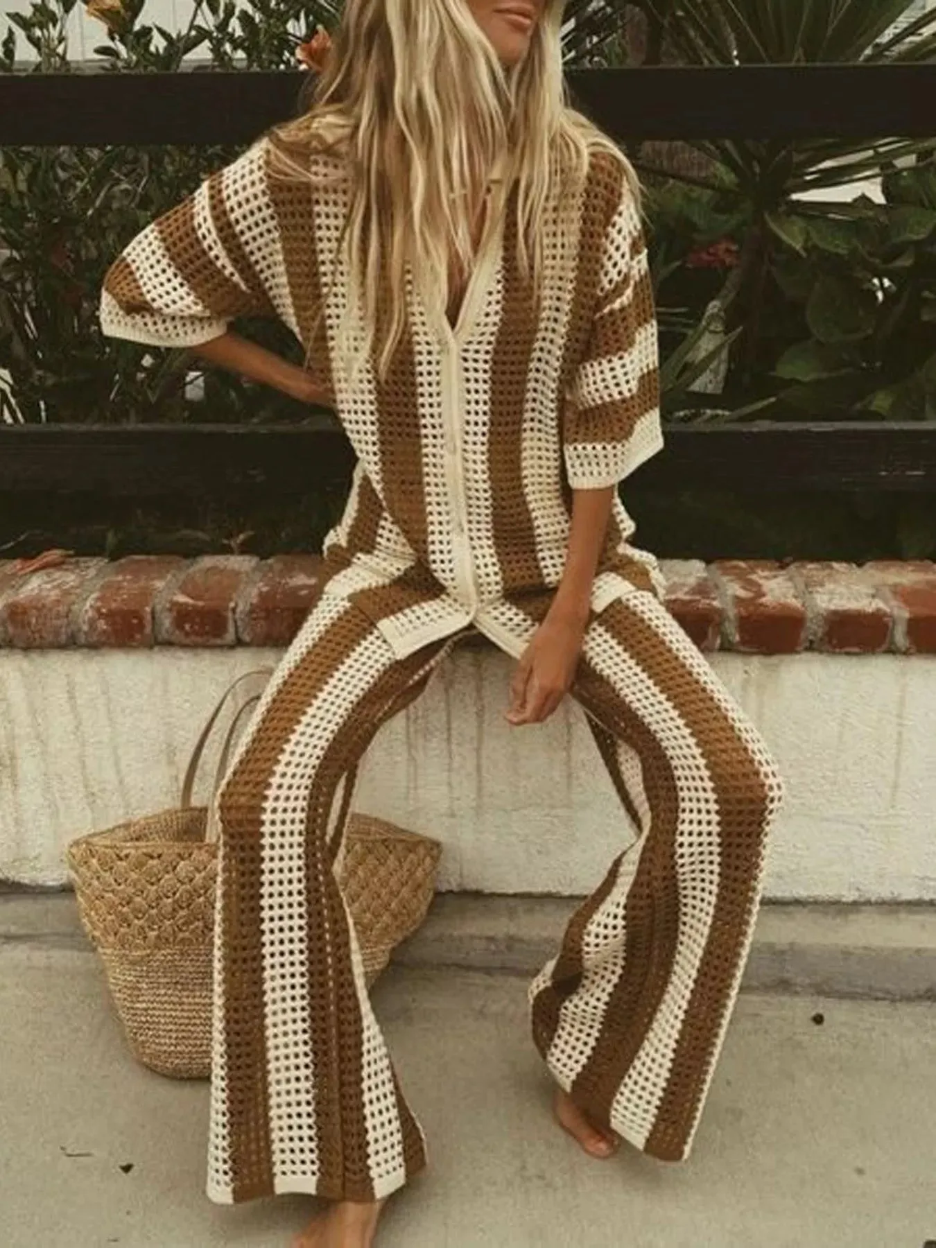 Striped Crochet Knit Shirt and Pants Set sold by Charming Charlie product image thumbnail 5