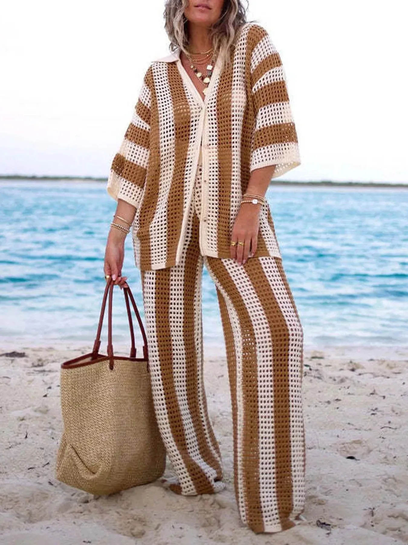 Striped Crochet Knit Shirt and Pants Set sold by Charming Charlie product image thumbnail 2