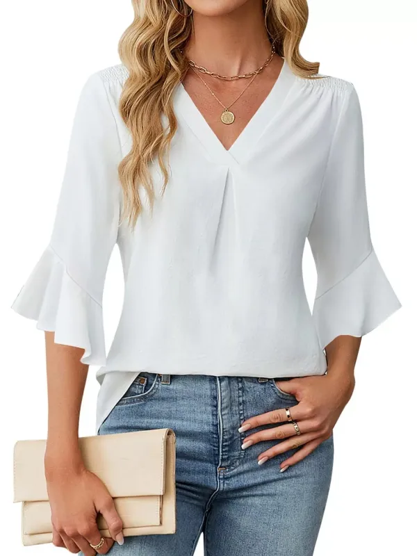 V-Neck Ruffle Sleeve Blouse made by Trendsi