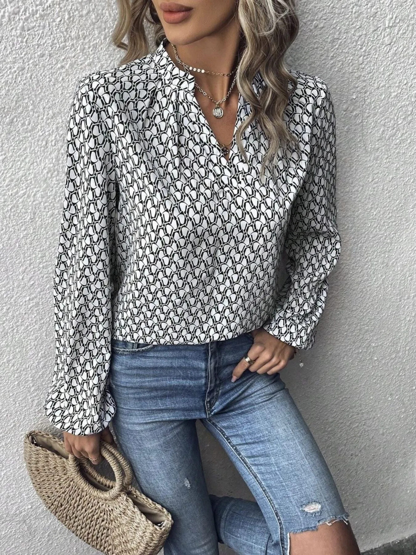 Printed Notched Balloon Sleeve Blouse sold by Charming Charlie product image thumbnail 4