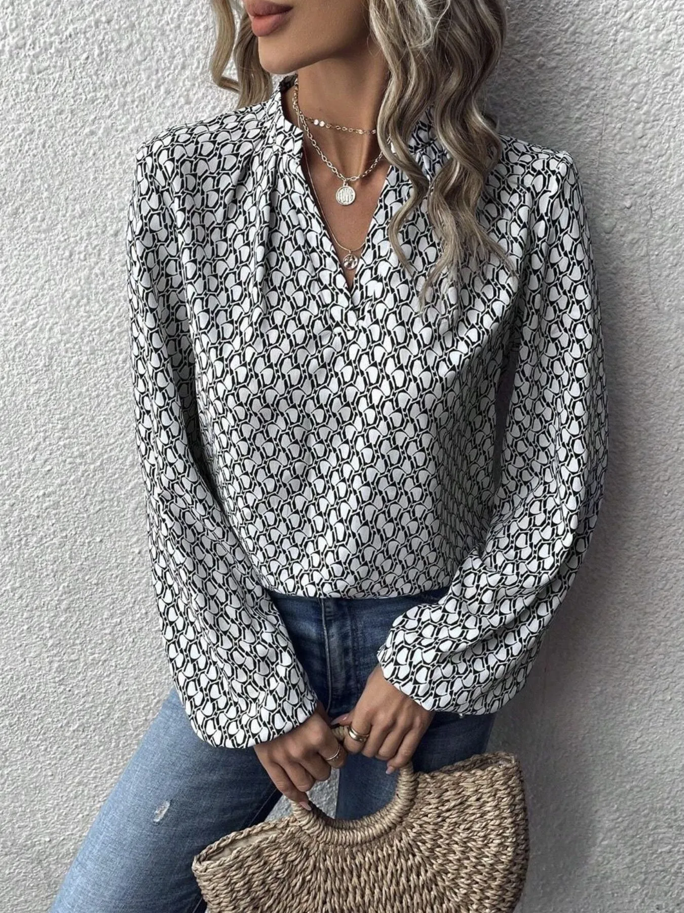 Printed Notched Balloon Sleeve Blouse sold by Charming Charlie product image thumbnail 5