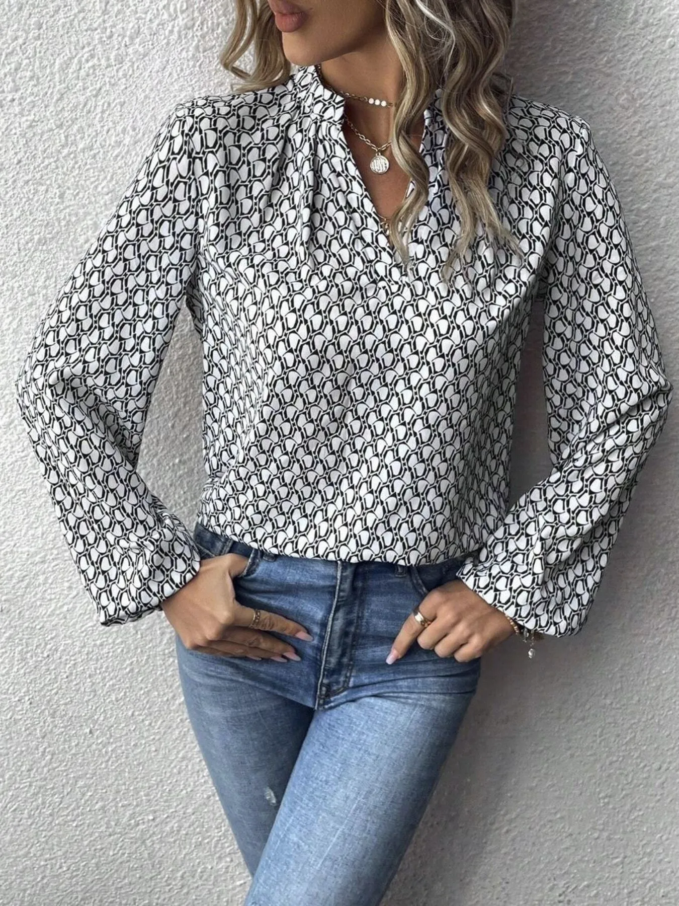 Printed Notched Balloon Sleeve Blouse sold by Charming Charlie product image thumbnail 3